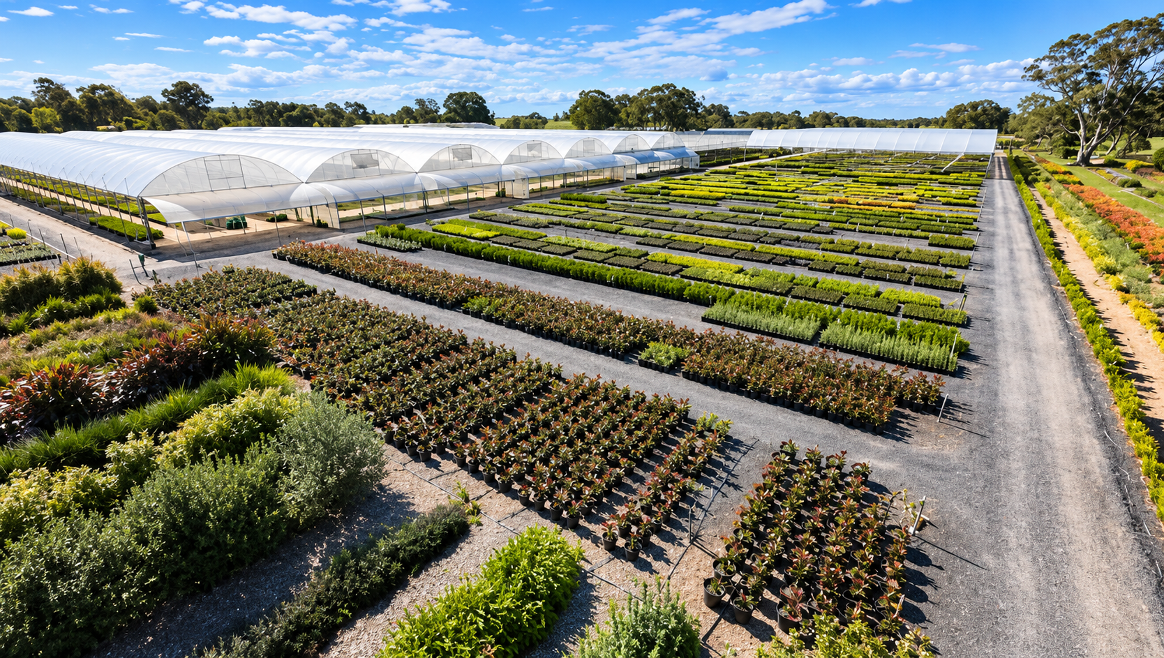 Aerial view of Mansfield Propagation Nursery, showcasing neatly organised rows of plants, expansive greenhouse structures and outdoor growing areas at the commercial plant nursery in Victoria, Australia.