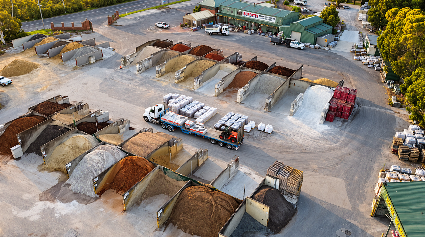 Aerial view of Burdetts Sand & Soil Supplies, showcasing a large landscape supplies yard with neatly organised bays of sand, soil, mulch and gravel, delivery trucks and building materials.